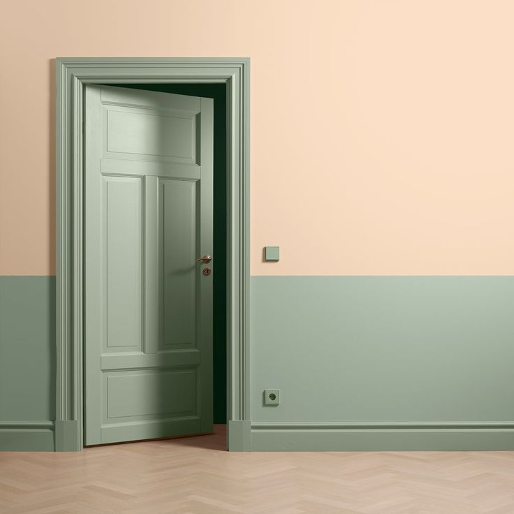 an open door in a room with pastel walls and parquet wood flooring