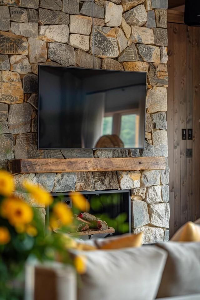 How To Mount A TV On A Stone Fireplace: Installation Tips Stone Fireplace Tv Mount, Stone Fireplaces With Tv Above, How To Mount Tv On Stone Fireplace, Mounting Tv On Stone Fireplace, Frame Tv Over Stone Fireplace, Frame Tv On Stone Fireplace, Tv Above Stone Fireplace, Tv Over Stone Fireplace, Tv On Stone Fireplace