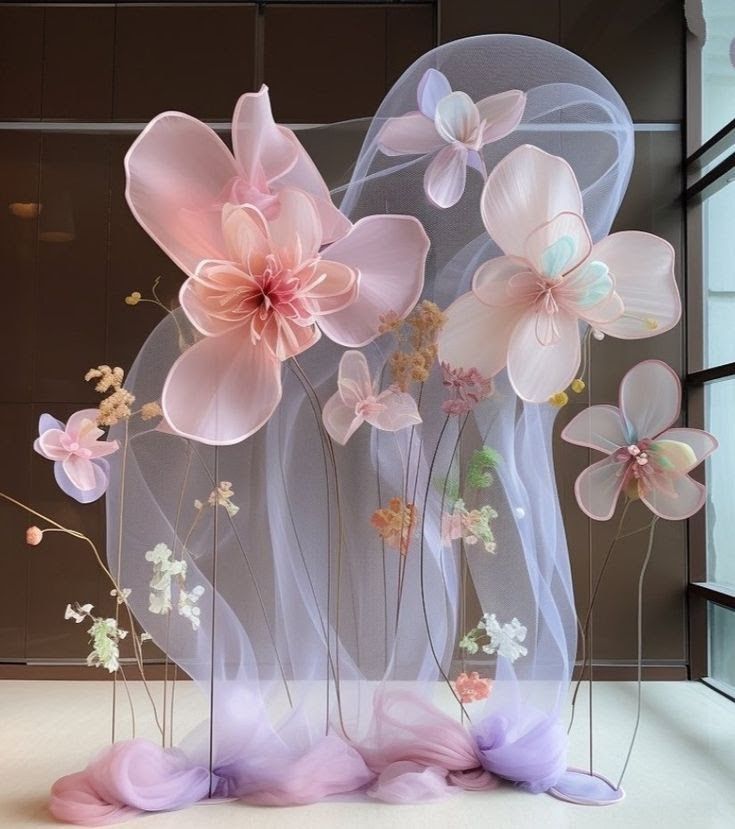 an arrangement of pink and purple flowers on display