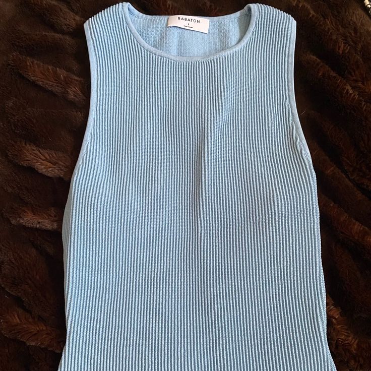 Nwt Light Blue Sculpt Knit Muscle Tank. Size Small Blue Stretch Fine Knit Top, Blue Stretch Knit Top, Chic Stretch Blue Knit Top, Light Blue Ribbed Knit Top, Blue Knitted Crew Neck Top, Fitted Light Blue Knit Top For Spring, Blue Stretch Knit Top For Spring, Light Blue Fitted Knit Top, Trendy Fitted Blue Knit Top