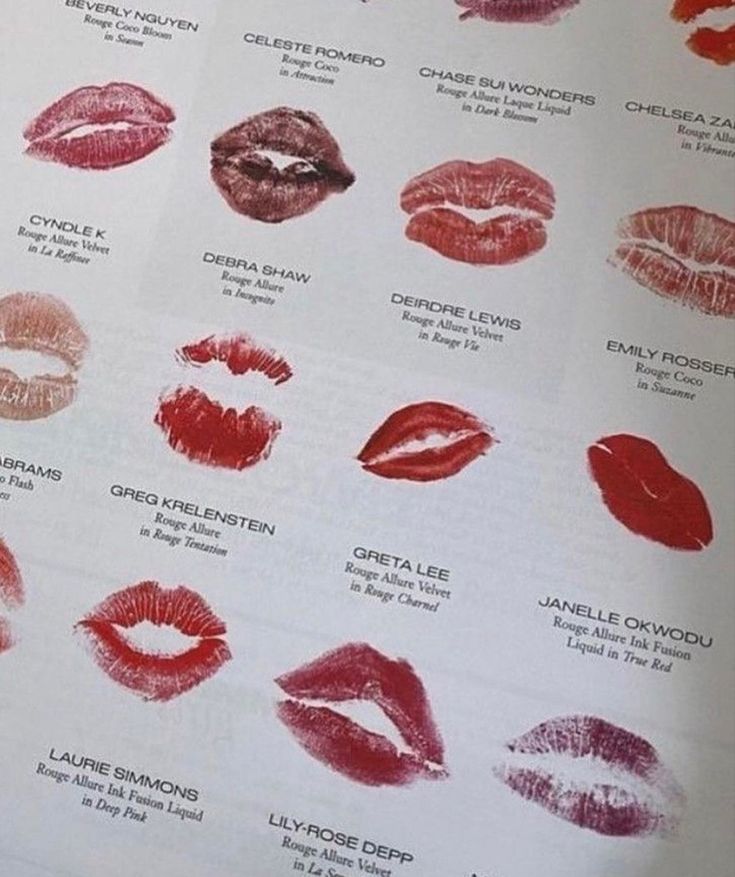 a close up of many different types of lipstick on a sheet with the names of them