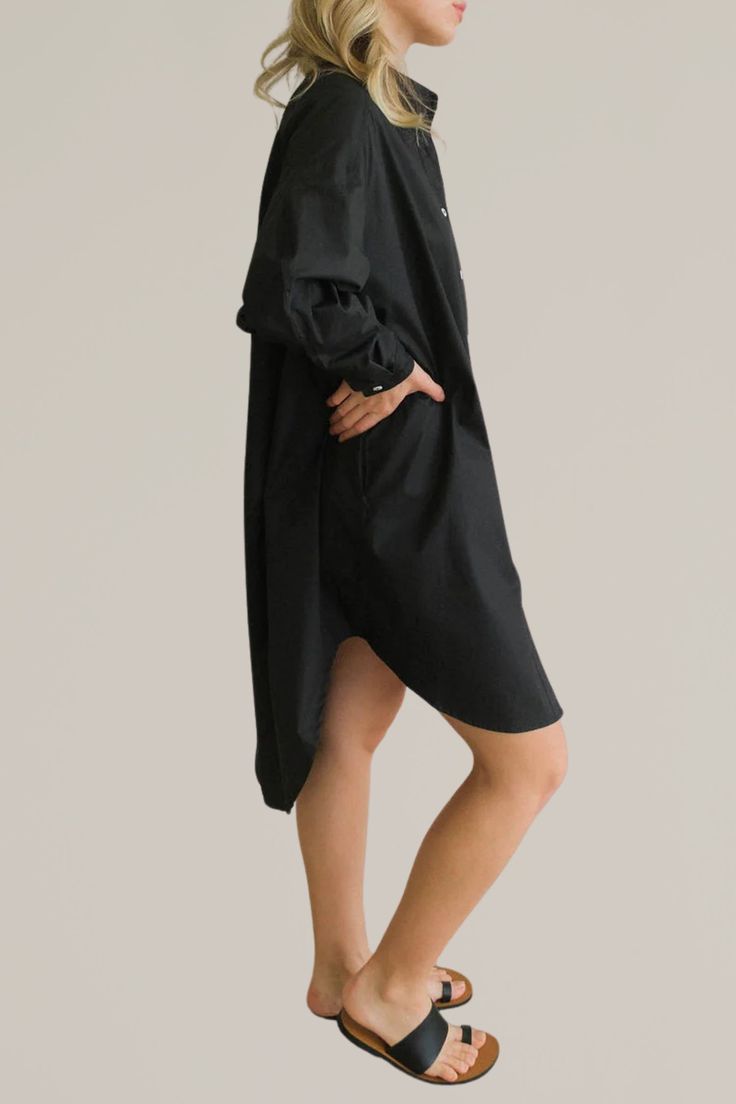 this oversize, cotton button down shirtdress is going to be your new go-to closet staple. can be worn casually everyday with a pair of sandals or sneakers, or can be dressed up with a belt and strappy heels. the styling choices are endless with this one. 100% cotton side pockets unlined hand wash cold | hang dry | cool iron do not dry clean model is wearing size small if in between sizes, we recommend sizing down Trendy Oversized Shirt Dress For Fall, Trendy Oversized Button-up Shirt Dress, Black Shirt Dress With Buttons In Relaxed Fit, Black Cotton Relaxed Fit Shirt Dress, Black Relaxed Fit Cotton Shirt Dress, Black Relaxed Fit Shirt Dress For Spring, Casual Oversized Button-up Shirt Dress, Black Relaxed Fit Button-up Shirt Dress, Trendy Relaxed Fit Shirt Dress For Daywear