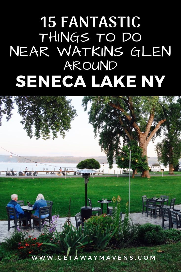 some people are sitting at an outdoor table in the grass with trees and water behind them