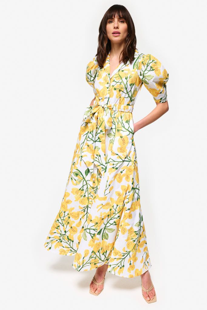 Exclusive Caroline Dress Yellow Midi-length Dress With Fitted Bodice, Yellow Midi Dress With Fitted Bodice, Yellow Fitted Bodice Midi Dress, Fitted Yellow Dress For Casual Wear, Fitted Long Dress For Garden Party, Spring Floor-length Dress With Fitted Bodice, Cotton Maxi Dress With Fitted Bodice, Elegant Floor-length Cotton Dress, Cotton Floral Print Dress With Fitted Bodice