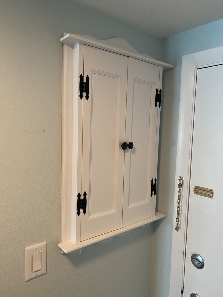 a white cabinet mounted to the side of a wall