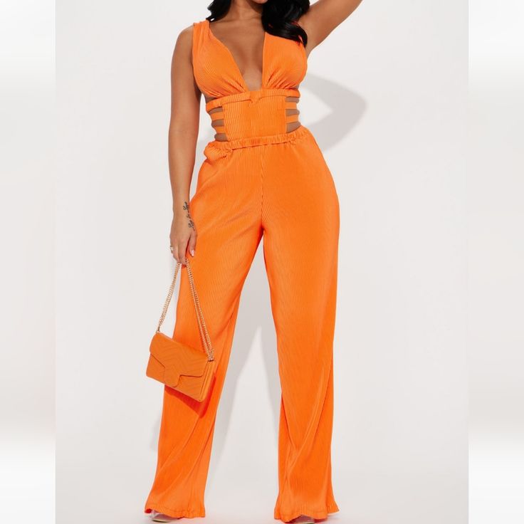 Fashion Nova Neon Orange Jumpsuit Plisse Jumpsuit Wide Leg Deep V Cut Out Stretch Size Small New With Tags Attached Very Sexy Brunch Or Night Out Jumpsuit Pink Lace Jumpsuit, Plisse Jumpsuit, Black Catsuit, Jumpsuit Wide Leg, Orange Jumpsuit, Fashion Nova Jumpsuit, Satin Romper, Off Shoulder Jumpsuit, Creative Kitchen