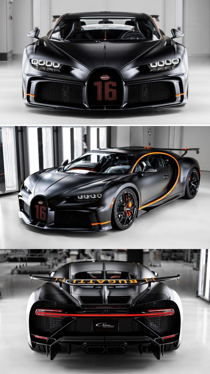 the bugatti supercar is shown in three different views, and it's black