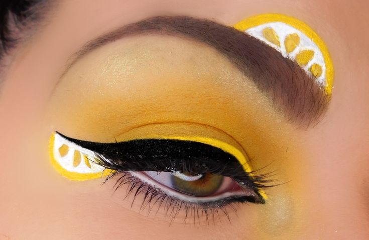 Lemon Meringue Makeup Look, Fun Easy Makeup Ideas, Fruit Eye Makeup, Cheek Makeup Art, Fruit Makeup Looks, Banana Makeup, Lemon Makeup, Colorful Makeup Looks, Fruit Makeup