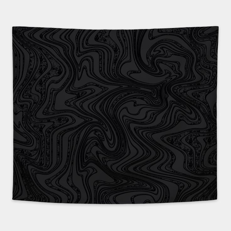 an abstract black and white wall tapestry with wavy lines on the front, in shades of gray