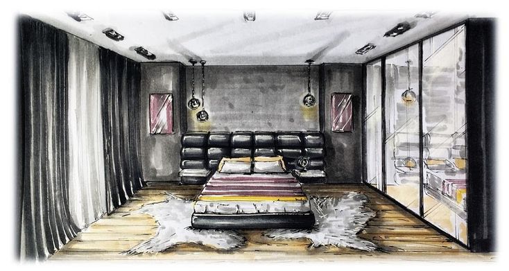 a drawing of a bedroom with a bed and two dogs