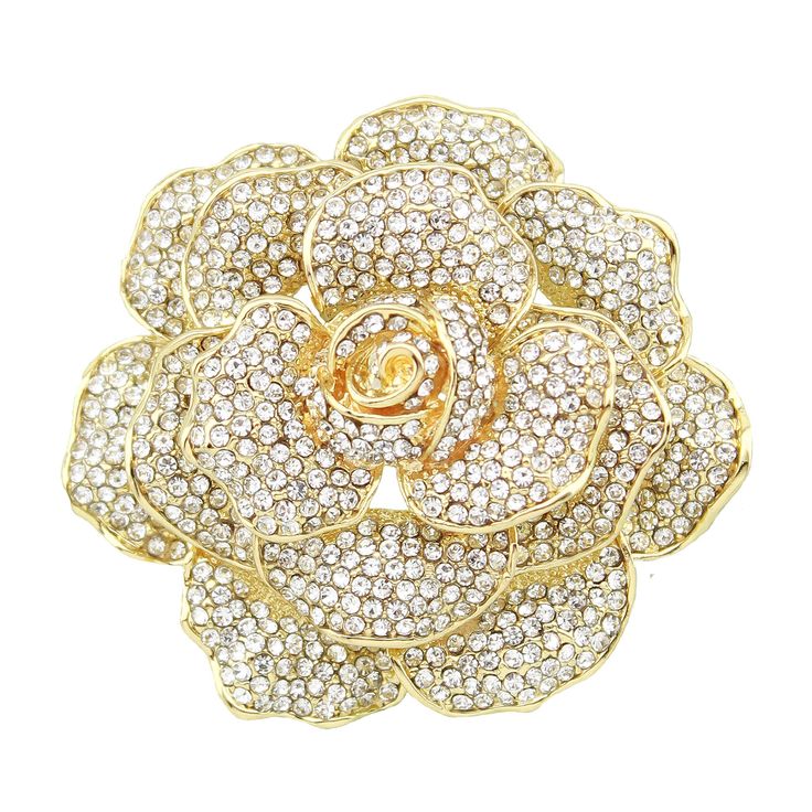 "Gorgeous dimensional rhinestone rose brooch embellishment in gold tone setting featuring dazzling clear crystals, can be used for your DIY project - gold wedding, gold brooch bouquet, dress sash decor, cake and frame decoration, corsage, event decor, crafts, scrap booking, jewelry gift and much more.  Size: 2 1/4\"H x 2 1/4\"W Metal: gold plated Not suitable for very thin fabric due to weight. This crystal flower brooch can be ordered with pin in the back to wire into brooch bouquet, add to wedding gown or dress sash, or any number of other craft projects or without the pin as a flat back embellishment for your sew-on, glue-on DIY project. Available in SILVER - www.etsy.com/listing/687758898/rose-brooch-rhinestone-silver-wedding" Rose Gold Brooch Bouquet, Bouquet Dress, Brooch Corsage, Rhinestone Rose, Wedding Rose, Decor Cake, Frame Decoration, Rhinestone Fashion, Dress Sash