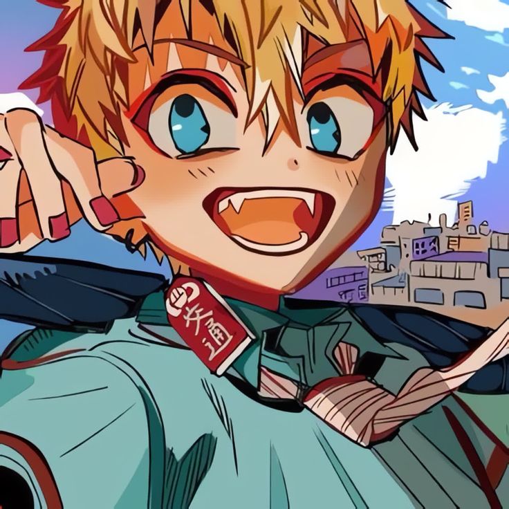 an anime character with blonde hair and blue eyes pointing to the side while wearing a green shirt