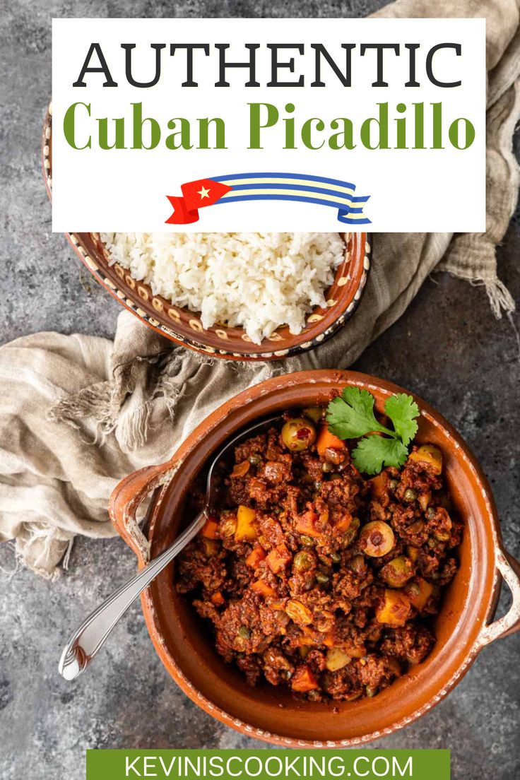 a bowl filled with chili and rice next to a sign that says authentic cuban picadillo