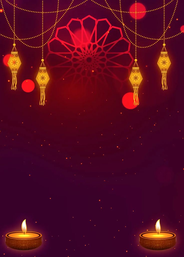 candles are lit in the dark on a purple background with red balls and lights hanging from them