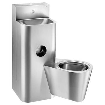 a stainless steel toilet and bidet with the lid open, on a white background