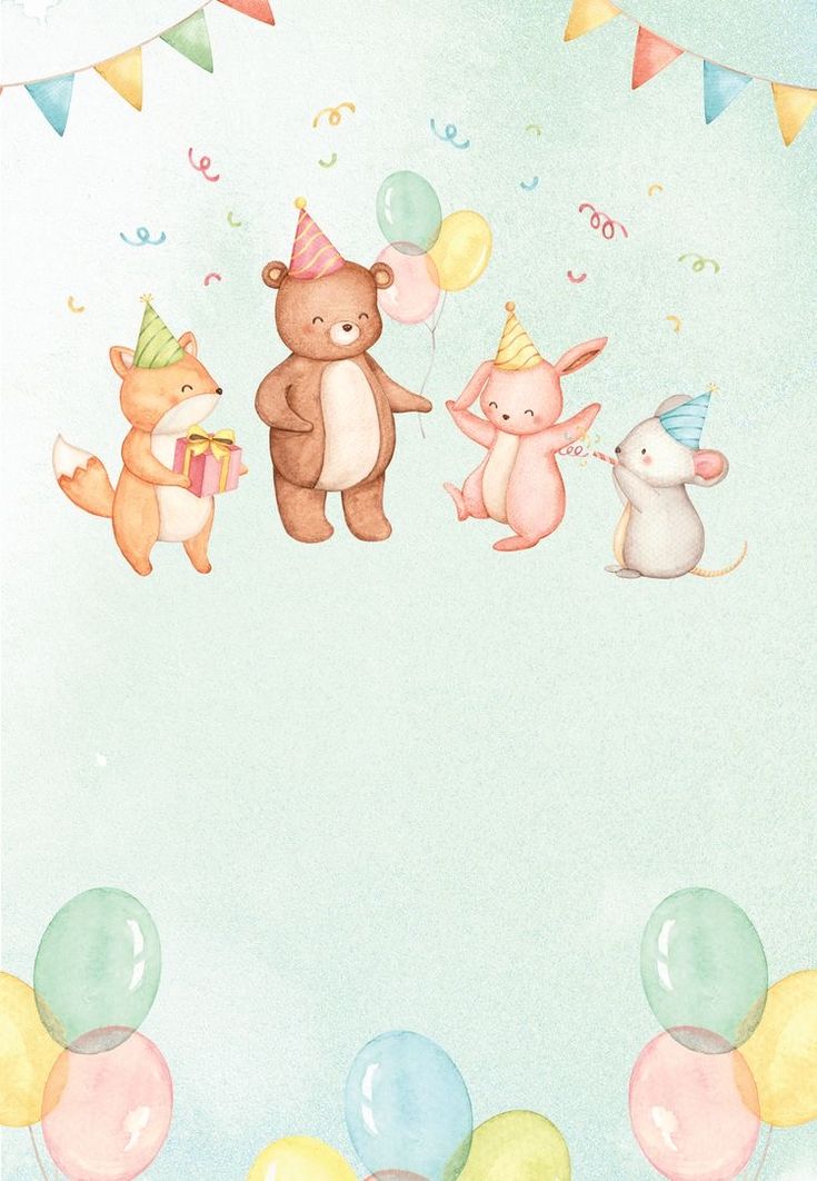 an image of a birthday card with animals and balloons on the bottom right corner, in pastel colors