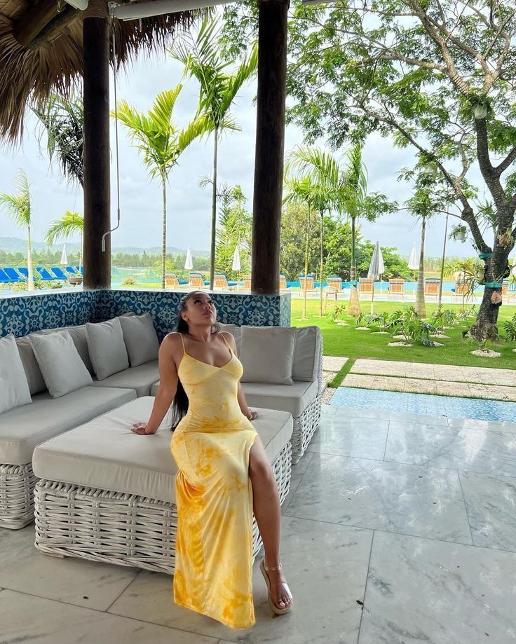 Carrabian Outfit, Yellow Sundress Black Women, Beach Clothes Vacation Outfit Ideas Black Women, Raegancore Aesthetic, Island Baddie Outfits, Jamaica Dinner Outfits, Classy Vacation Outfits Tropical, Cruise Looks For Black Women, Jamaica Aesthetic Outfits