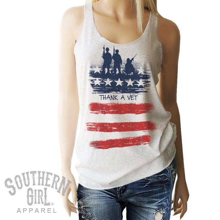 "Thank a Vet, American Flag, Red, White & Blue, Patriotic Pride Tank -Heather White Racerback Tank. Super Soft, comfortable and stretchy -50% polyester/25% ring-spun combed cotton/25% rayon -32 singles for extreme softness -Pre-shrunk for reduced shrinkage Available in Small thru XL SMALL: Length- 27 1/2\" - Chest Width- 32 \" MEDIUM: Length- 28\" - Chest Width- 34\" LARGE: Length- 28 3/4\" - Chest Width- 36\" XLARGE: Length- 29 1/2\" - Chest Width- 38\" To give you an idea of the sizing, my Patriotic Clothing, American Flag Clothes, American Flag Tank Top, Southern Outfits, A Vet, Patriotic Outfit, Spring Clothes, Southern Girl, American Flag Shirt