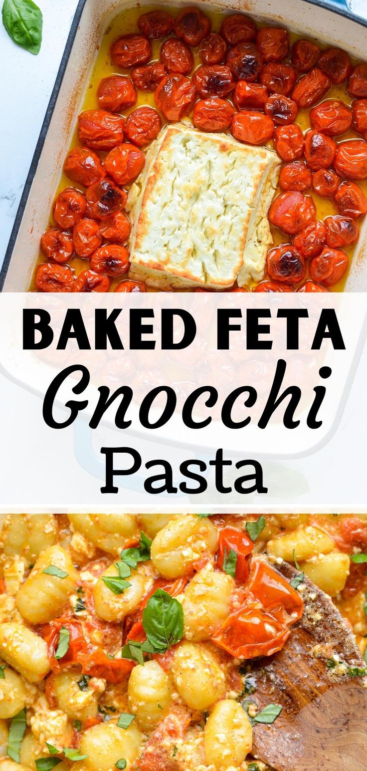 baked feta gnocchi pasta with tomatoes and basil