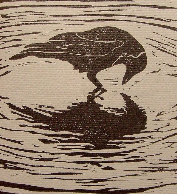 a black and white drawing of a bird drinking water from a pond with ripples