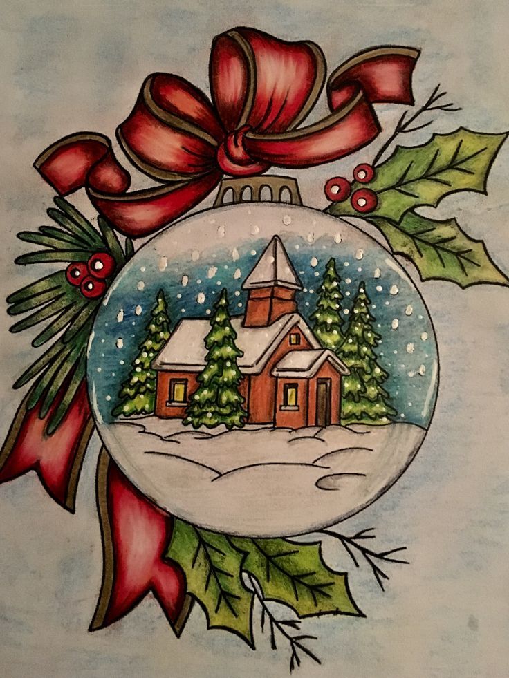 a drawing of a christmas ornament with holly and a house in the snow