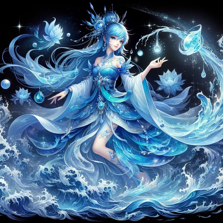 a woman with blue hair is standing in the water, surrounded by waves and bubbles