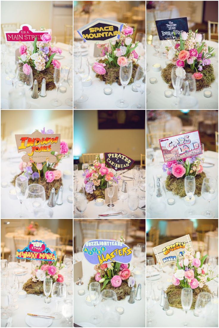 many different pictures of flowers in vases and cards on the table at a wedding