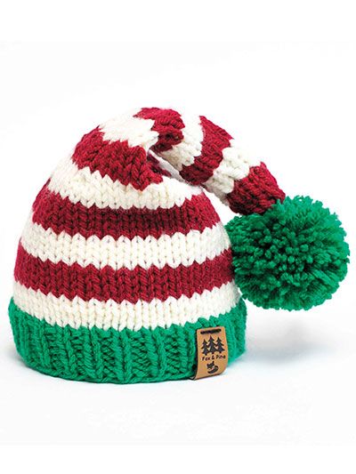 a red, white and green striped knitted hat with pom - pom