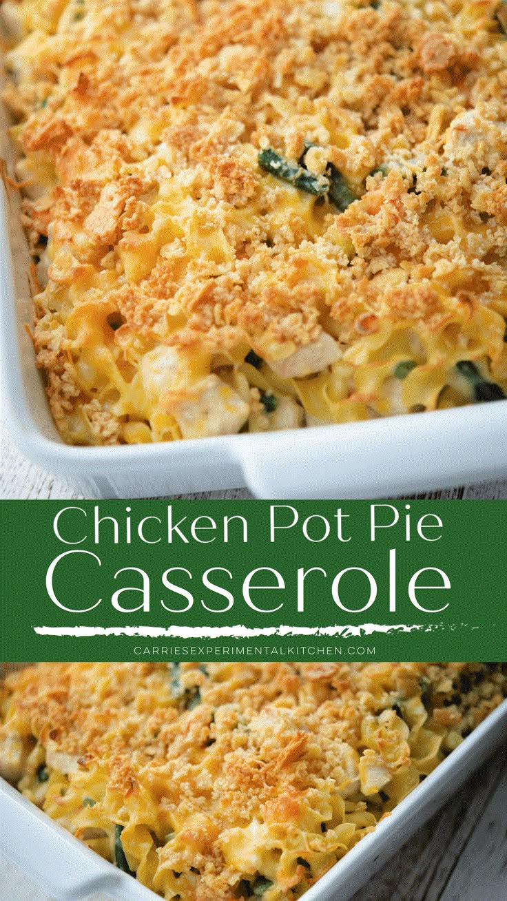 chicken pot pie casserole with cheese and spinach in a white baking dish