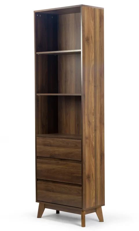 a tall wooden bookcase with two drawers