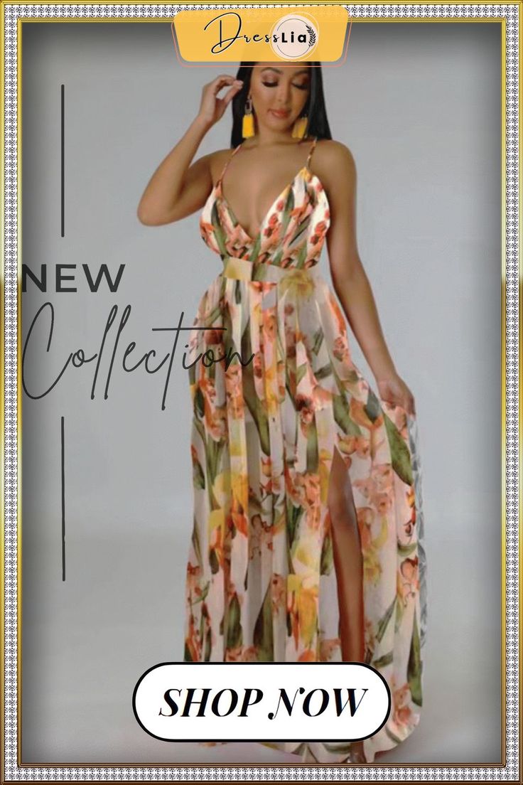 Sexy Floral Print Spaghetti Strap Backless Maxi Dress Trendy V-neck Party Sundress, Summer Flirty Maxi Dress With Spaghetti Straps, Trendy Strappy Beach Dress, Trendy Floral Print Sundress For Party, Summer Sundress With Spaghetti Straps For Night Out, Chiffon Sundress With Spaghetti Straps For Parties, Flirty Spaghetti Strap Maxi Dress For Date Night, Summer Maxi Dress With Spaghetti Straps For Date Night, Summer Strappy Party Dresses