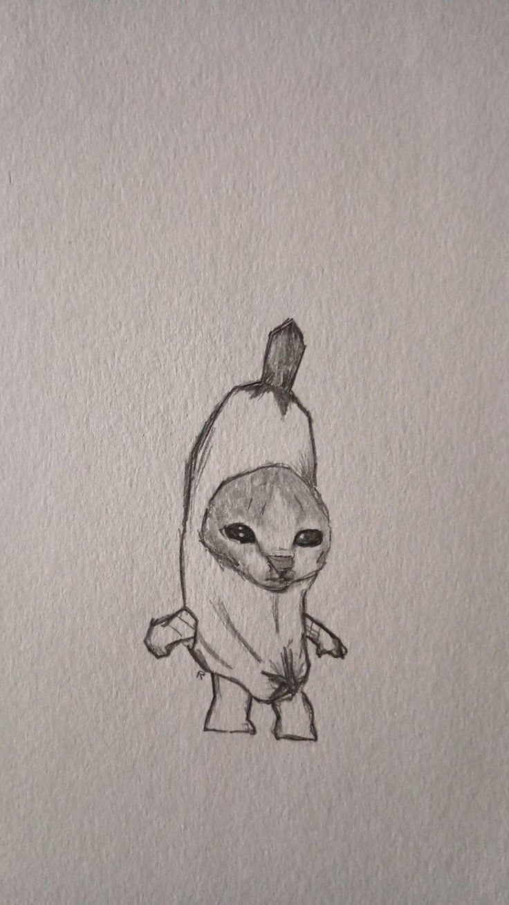 banana cat How To Draw A Poosay Cat, Banana Cat Tattoo, High Cat Drawing, Drawings For Small Sketchbook, Random Small Sketches, Quick And Easy Sketches, Cute Animal Sketches Doodles, Art Sketches Funny, Funny Cat Drawings Art