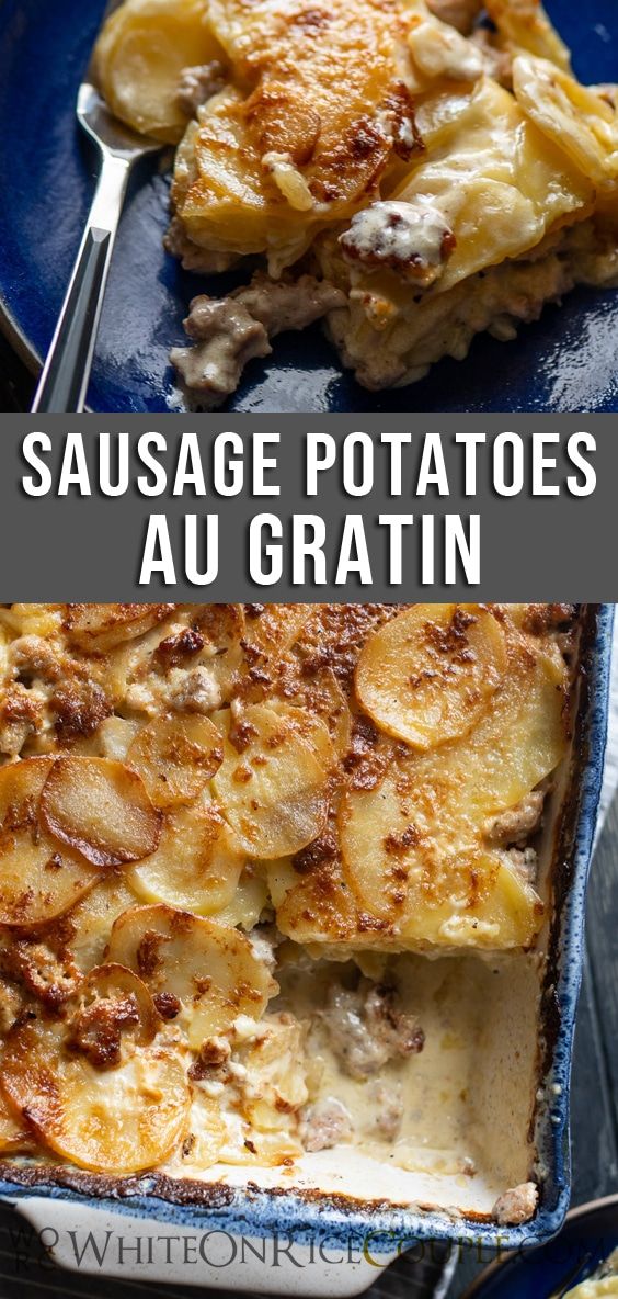 sausage potatoes au gratin in a casserole dish on a blue plate with a serving spoon