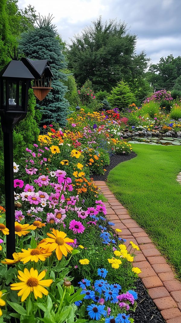 a garden with lots of colorful flowers next to a brick walkway and green grass area