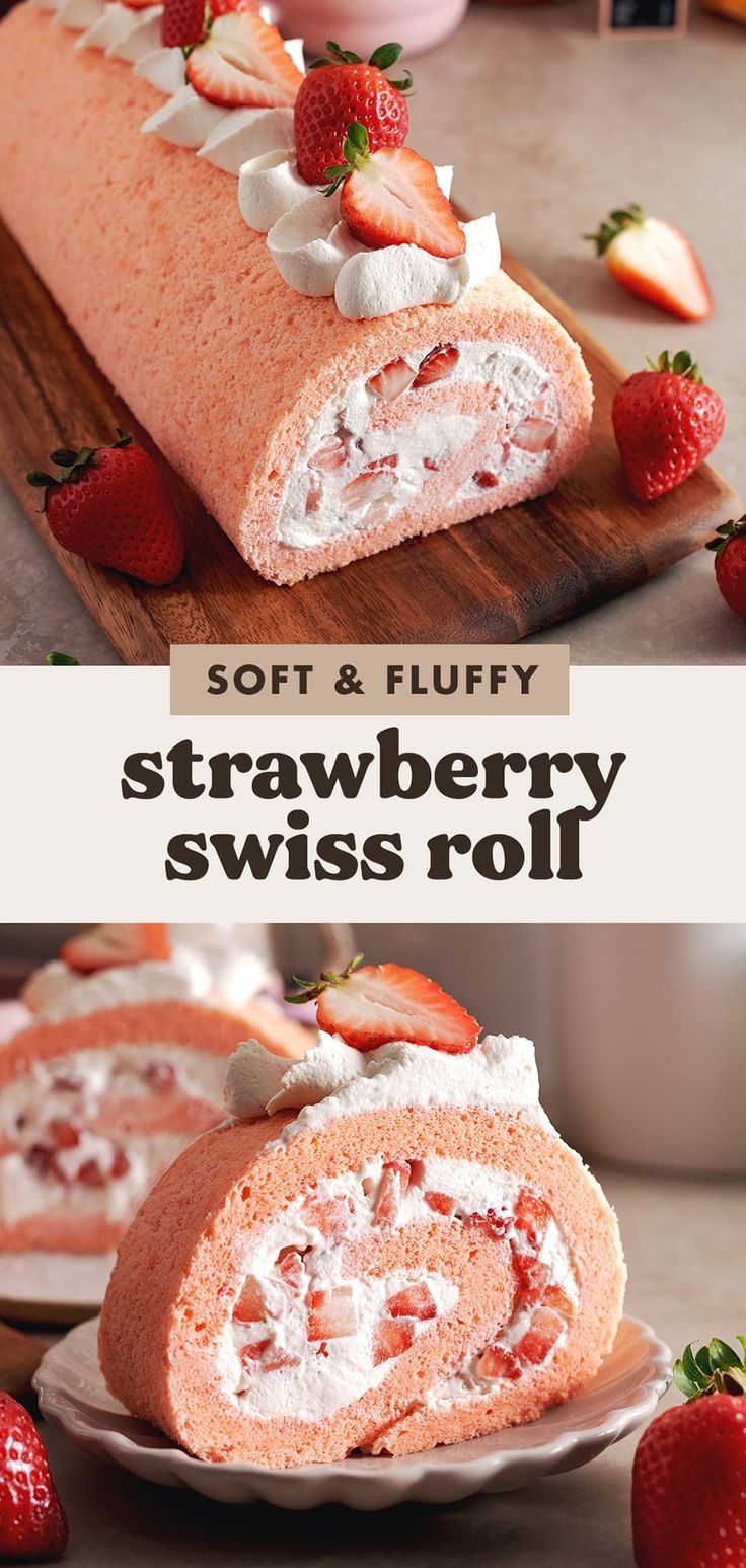 the strawberry swiss roll is cut in half and ready to be eaten