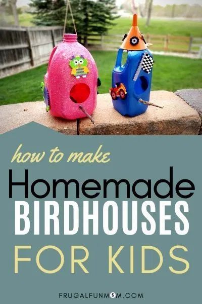 two birdhouses with the words how to make homemade birdhouses for kids on them