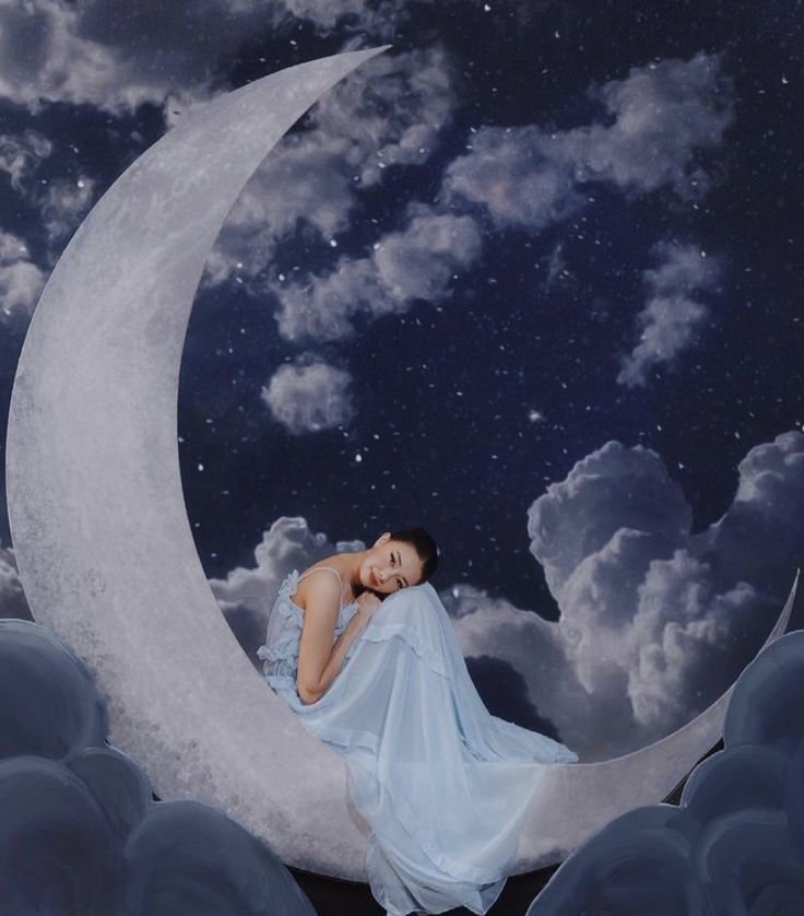 a woman sitting on the moon with clouds in the background