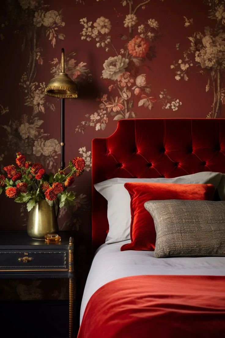 a bed with red sheets and pillows in front of a floral wallpaper