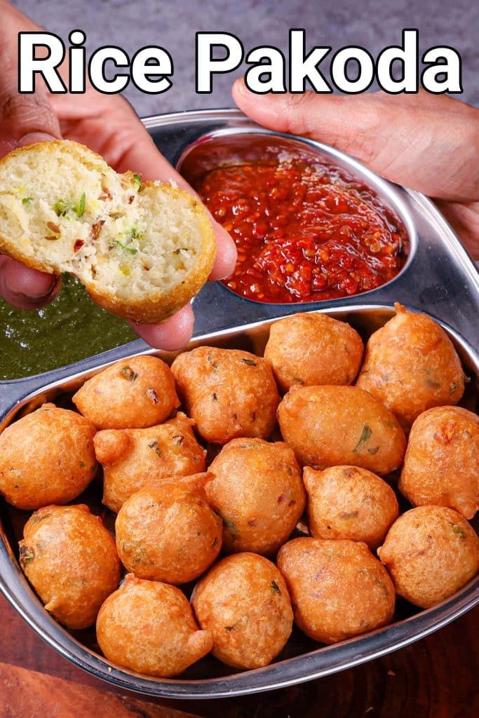 a person is dipping some food into a bowl with other foods in it and the words rice pakoda above them