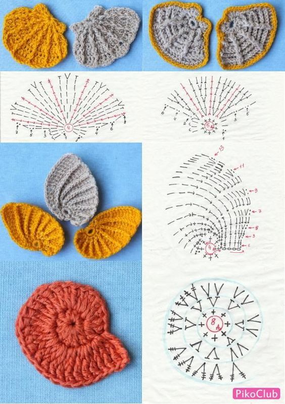 crochet patterns for seashells are shown in three different colors and sizes