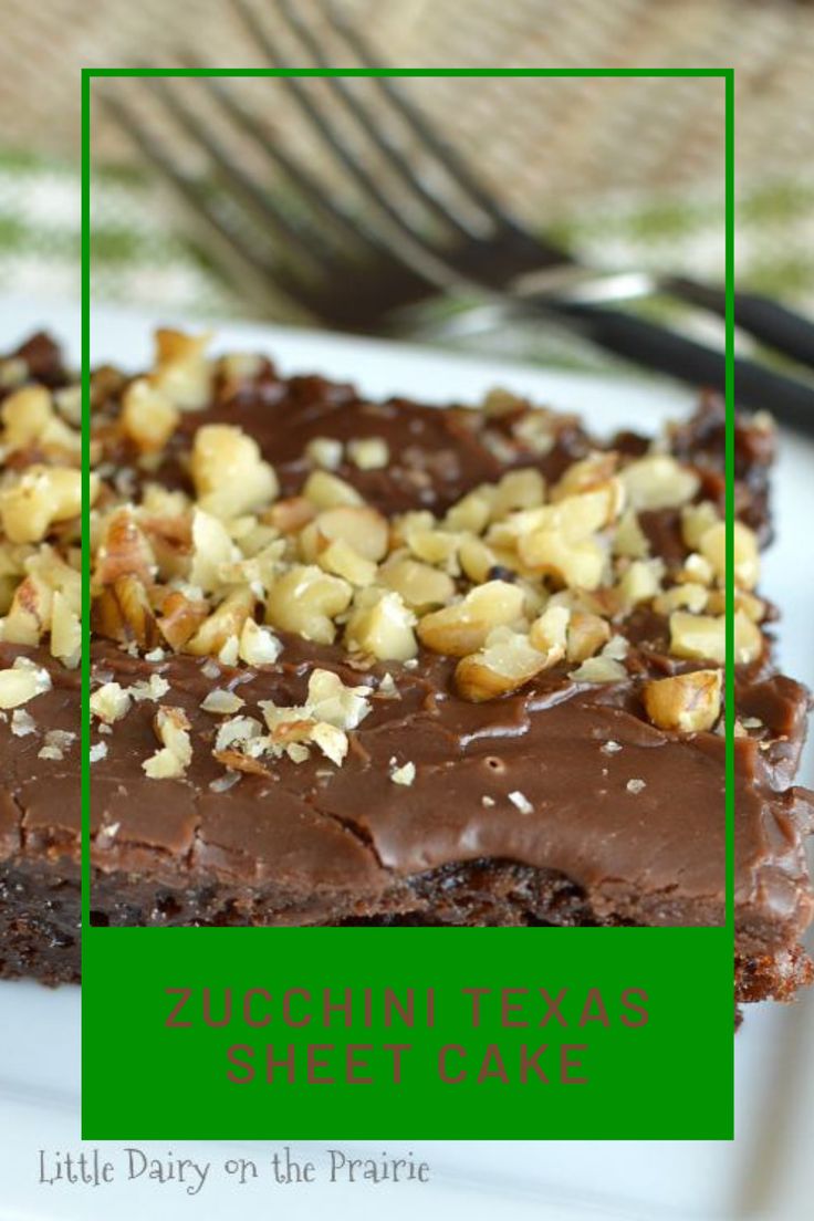 there is a piece of chocolate cake with nuts on it and the words zucchini texas sheet cake