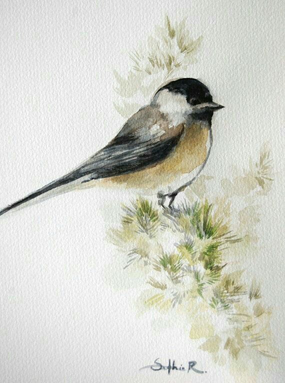 a painting of a bird sitting on top of a plant