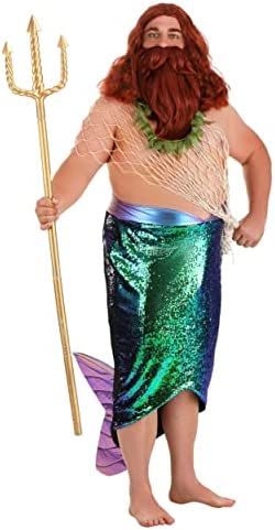 a man dressed as a mermaid holding a spear and standing in front of a white background