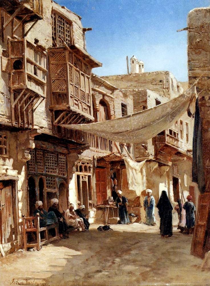 a painting of people in an alleyway with clothes hanging from the buildings and laundry lines