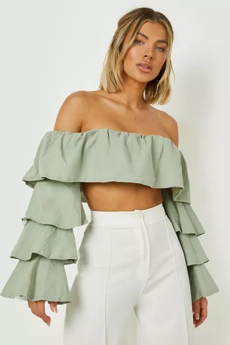 Long Sleeve Tube Top, Ruffle Tops Outfit, Off Shoulder Ruffle Top, Ruffle Tops, Frills And Ruffles, Ruffle Outfit, Fancy Tops, Ruffle Sleeve Top, Frill Tops