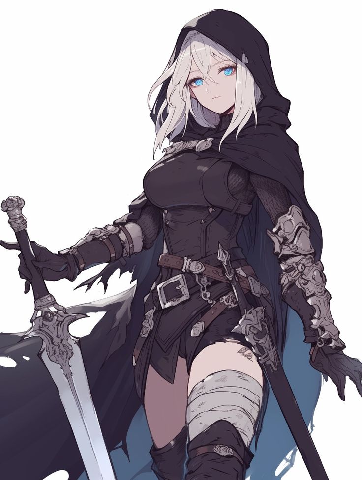 a woman with white hair and black clothes holding two swords in one hand while standing next to another