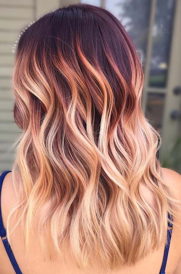 Burgundy Balayage Blonde, Hair Color Ideas For Long Brown Hair, Blonde And Red Balayage On Brown Hair, Fall Hair Colors For Light Brown Hair, Burgundy Bayalage Hair, Hair Color Ideas For Long Hair, Burgundy Hair With Blonde, Light Summer Hair Color Ideas, Burgundy Hair With Blonde Highlights