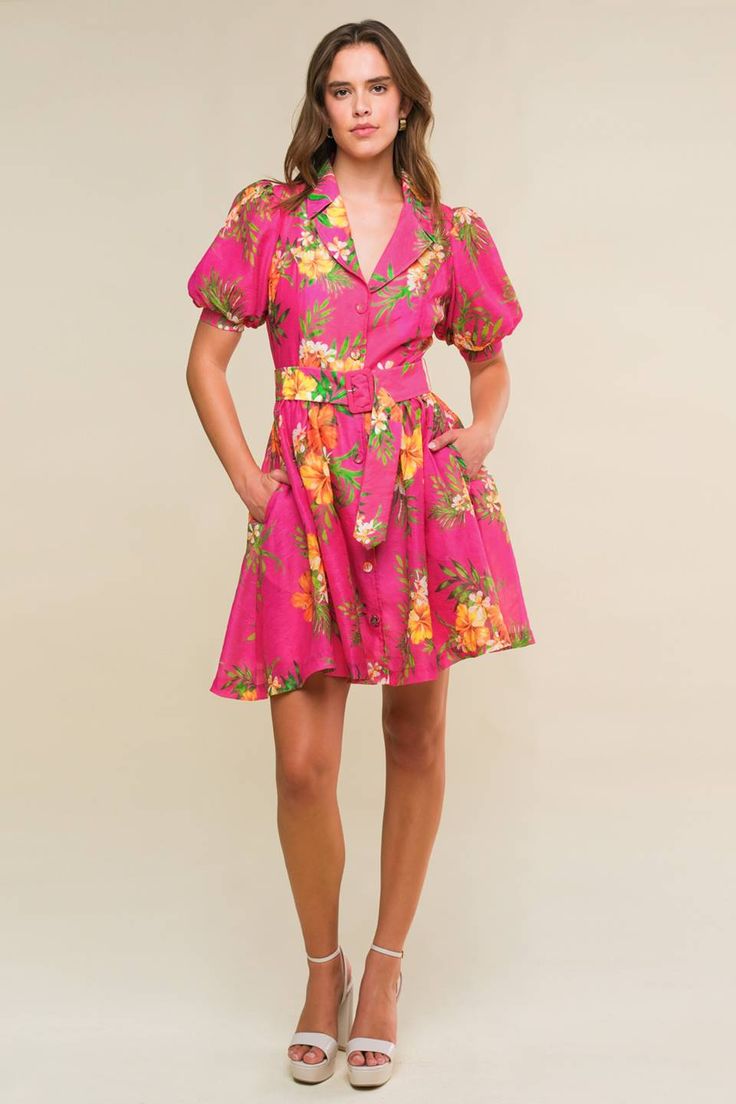 A printed woven mini dress featuring blazer collar, short puff sleeve, button down, self belt and full skirt Details: Self : 80% Polyester 20% NylonLining : 100% Polyester Size & Fit - Model is 5`8" And Wearing Size Small- Measurements Taken From Size Small- Approx. Length: 35" Spring Belted Mini Dress, Spring Mini Dress With Belt, Floral Print Mini Dress For Work, Belted Mini Dress For Summer, Summer Mini Dress With Belt, Summer Belted Mini Dress With Collar, Summer Collared Mini Dress With Belt, Summer Belted Collared Mini Dress, Belted Collared Mini Dress For Summer