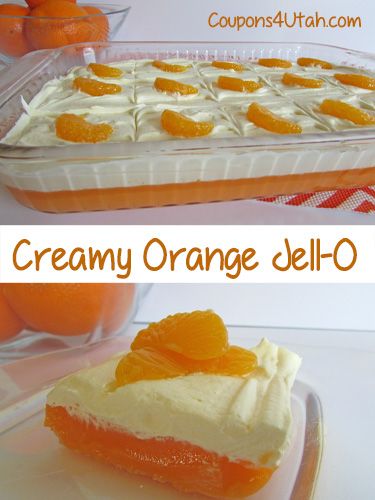 an orange jello dessert is shown in two different pictures, one with cream cheese and the other with oranges