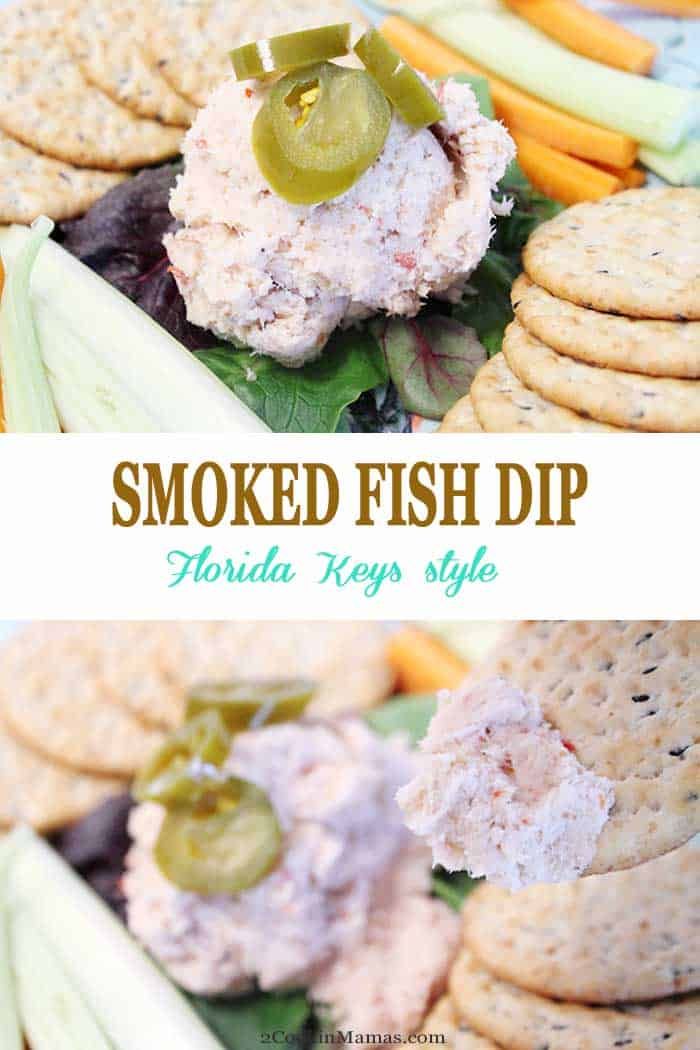 a plate with crackers, cheese and pickles on it next to an image of smoked fish dip